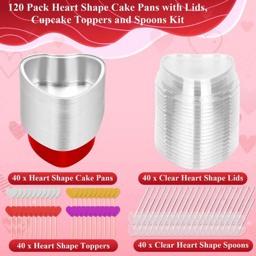 Modacraft 40 Pack Heart Shaped Cake Pans with Lids, Heart Tins with Lids for Valentine Day, Aluminum Foil Mini Cake Pans for Dessert Containers, Heart Cupcake Pan for Weddings Mother's Birthday Party