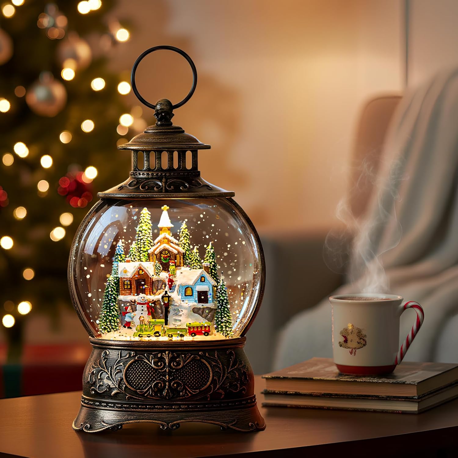 Regine Switzerland Christmas Snow Globe - Musical Snowy Train Lantern with 6-Hour Timer & USB/Battery Operated | Perfect Holiday Decoration Gift
