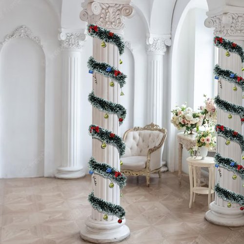 NQN 5 Pack 250Ft Greenery Garland with Snow, Dark Green Snowflake Dots, Artificial Christmas Pine Streamers for Indoor/Outdoor Decorations