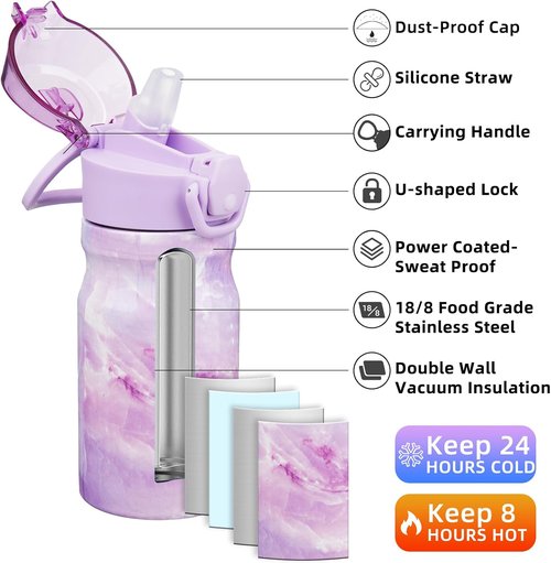 BJPKPK Stainless Steel Insulated Water Bottle - 14oz Reusable Thermal Flask with Straw Lid | Keeps Drinks Hot & Cold - Dawn