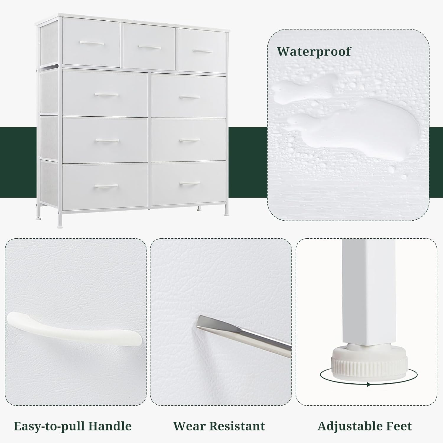 Regine Switzerland 9-Drawer Dresser - Anti-Tip Tall Storage Organizer with Wooden Top & Metal Frame | White