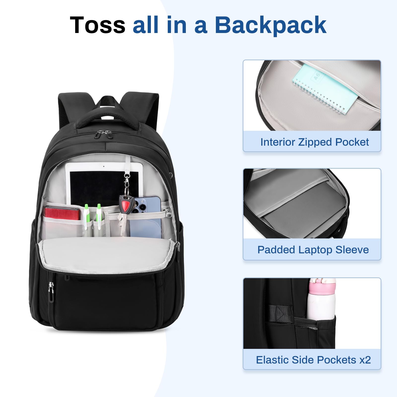 School Backpack for Girls, Lightweight Kids Bookbag for Boys Classic College Backpack for Teen Men Women with Luggage Strap, Age 8-18 Years Old, Black