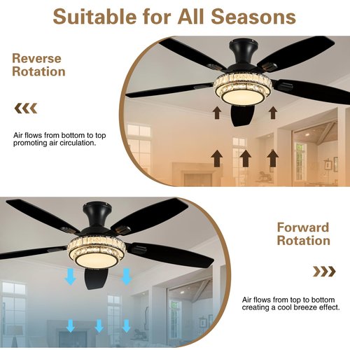 Fanyank Ceiling Fans with Lights-Crystal Ceiling Fan,52" Low Profile and Remote Control, Flush Mount, Reversible, 3CCT, Dimmable, Noiseless, Black Ceiling Fan for Bedroom