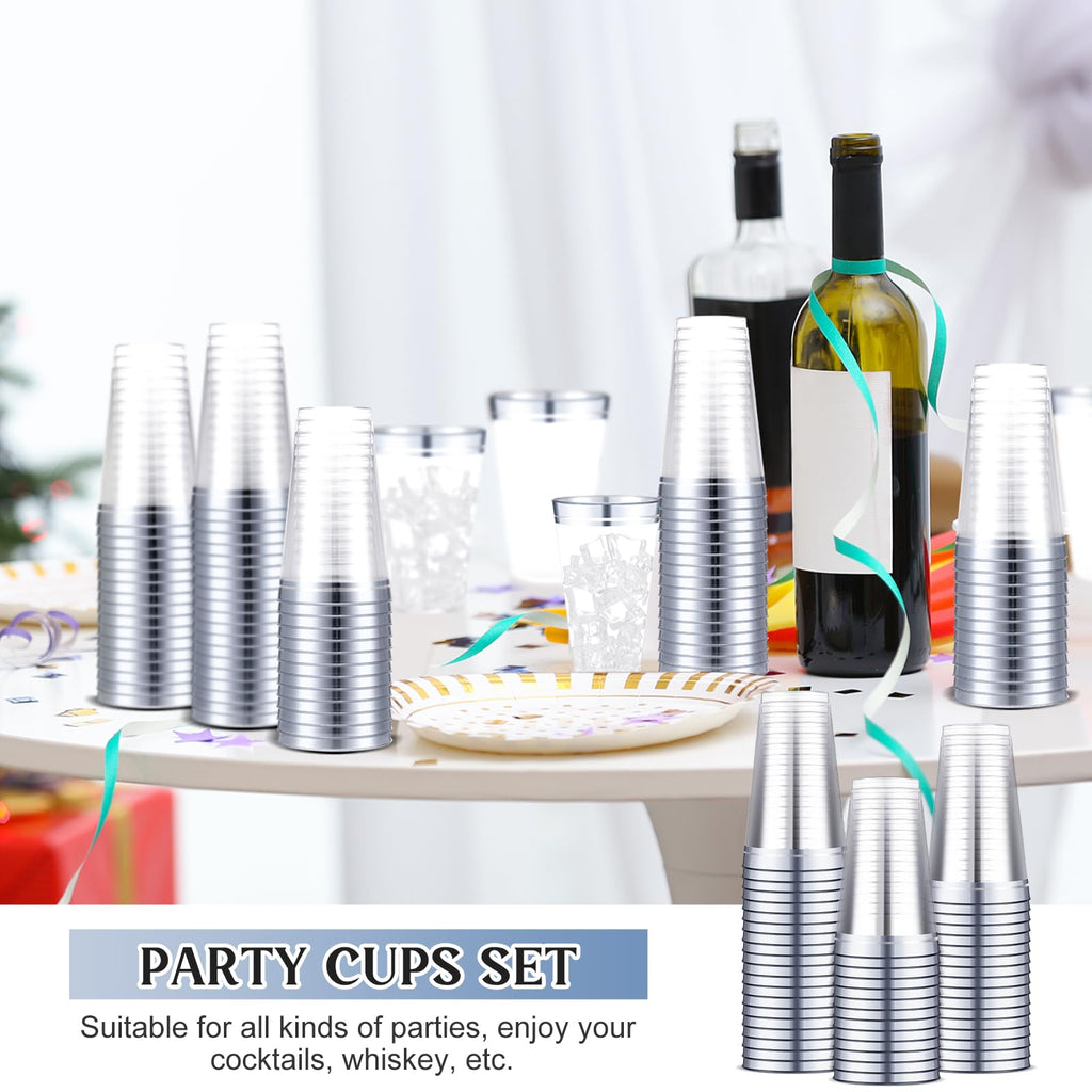 Sliner 50 Pcs Hard Plastic Cups Double Rimmed Plastic Cups Heavy Duty Fancy Wine Glasses for Holiday Christmas New Year Winter Birthday Party Supplies(16 Oz,Silver)