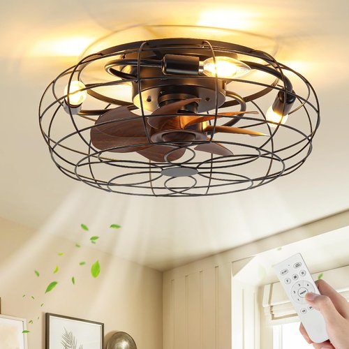 Caged Ceiling Fans with Lights and Remote 18" Black Flush Mount Outdoor Ceiling Fan lights Rustic Low Profile Reversible Bladeless Ceiling Fan for Patios,Farmhouse,Bedroom,Kitchen,Living room