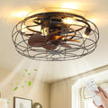 Caged Ceiling Fans with Lights and Remote 18" Black Flush Mount Outdoor Ceiling Fan lights Rustic Low Profile Reversible Bladeless Ceiling Fan for Patios,Farmhouse,Bedroom,Kitchen,Living room