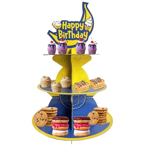 Terasilian Cartoon Yellow 3-Tier Cupcake Stand for 24 Cupcakes Yellow Cupcake Stand for Birthday Party Supplies Cupcake Dessert Stand Cupcake Toppers for Party Decorations