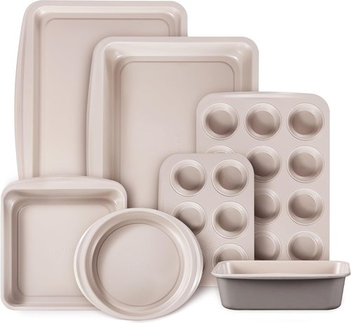 CAROTE 7-Piece Nonstick Bakeware Set - Stackable Baking Pans Including Cookie Sheets, Muffin Pan, & More | Gray & Khaki