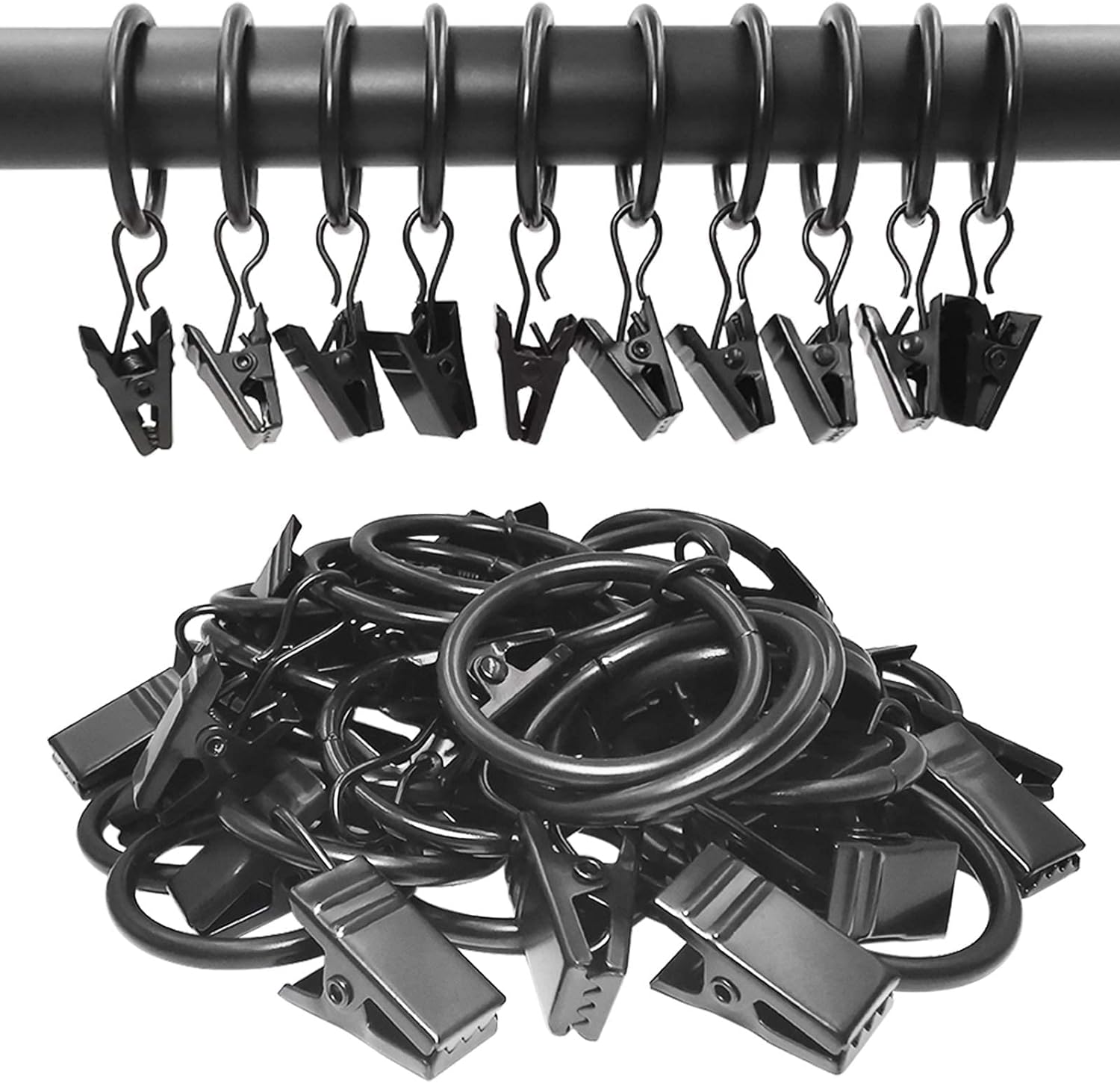 Skiennix 44 Pack Metal Curtain Rings - Durable Drapery Clips with 1-Inch Inner Diameter, Black