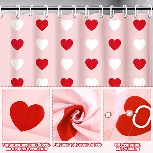 JarThenaAMCS 4Pcs Valentine's Day Bathroom Set Pink Red White Heart Non-Slip Bath Mat U-Shaped Toilet Rug Toilet Lid Cover Shower Curtain with Hooks for Home Hotel Accessories Decoration
