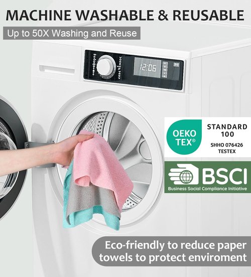 UPSTAR Microfiber Cleaning Cloth, Reusable Paper Towels Rolls, 50 Packs 12x12 inch Cleaning Rags for Washing Dishes, Kitchen, Bathroom, Car, Pink