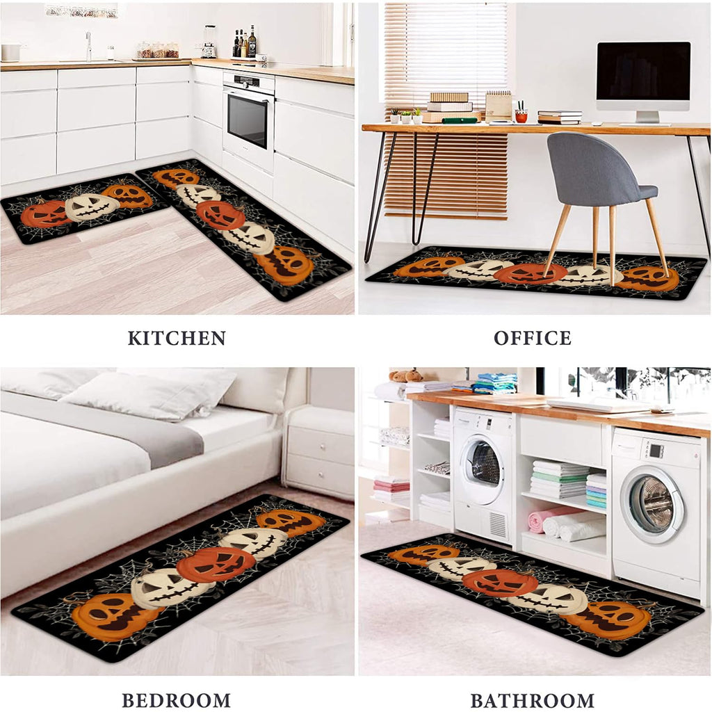 Faptoena Halloween Kitchen Rugs Set of 2,Black Pumpkin Spider Web Kitchen Mats for Floor, Halloween Non-Slip Washable Sink Mats Home Decor Doormat+Runner Rug