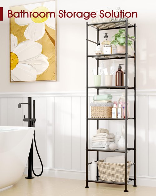 Sakugi 6-Tier Metal Storage Shelves - Slim Shelf Organizer with Reinforced Side Bars, Spacious Storage for Kitchen, Bathroom, and Laundry Room Organization, 18.2" x 12.5" x 70.1", Black