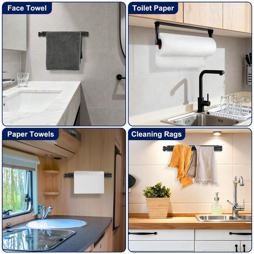 Black Paper Towel Holder Under Cabinet, Adhesive Paper Towel Holder Wall Mount Toilet Roll Holders Rack for Kitchen Bathroom Garage Counter, Anti-Drop Upgraded Telescopic Rod Design Roll