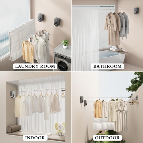 CICUFY Retractable Clothesline Indoor, Non-Sagging Clothes Line Outdoors,13.7 Ft Heavy Duty Clothesline with Telescopic Hanging Rod, Wall Mounted Space-Saving Laundry Line (Gray)