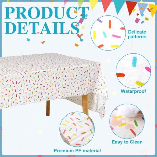 Oudain 3 Pieces Sprinkle Table Cloth Disposable Plastic Confetti Tablecloth 108 x 54 Inches Rectangle Baby Sprinkle Decorations for Girls Boys Birthday Wedding Baby Shower Party Supplies Favor (White)