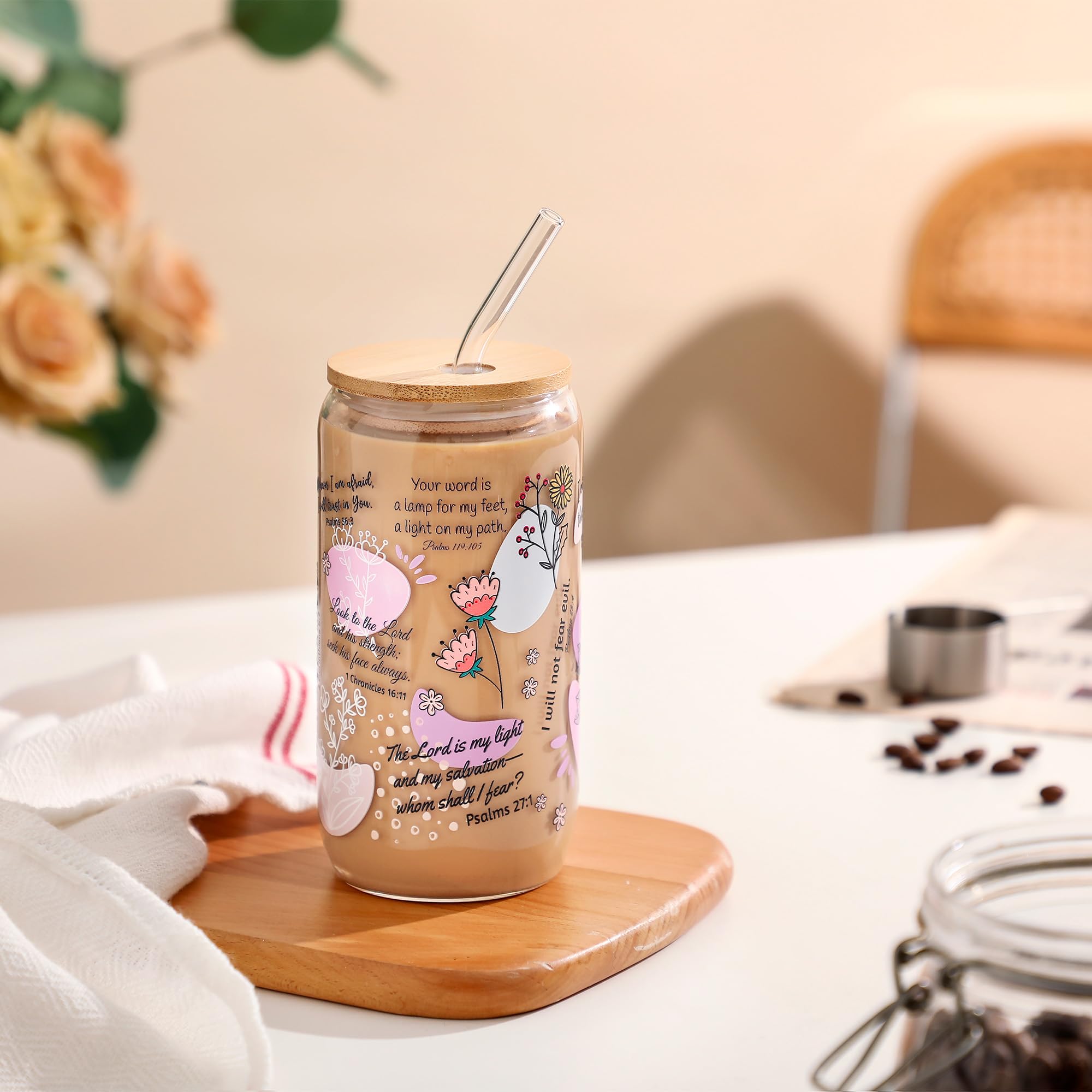 Xelewooz Christian Gifts for Women – 16oz Bible Verse Coffee Mug, Daily Bible Affirmations Glass Tumbler with Straw – Inspirational Religious Coffee Cup for Birthday, Mother’s Day, or Faith Lovers