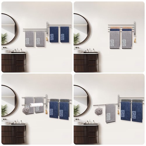 NearMoon Swivel Towel Rack, 19.5" Thicken 304 Stainless Steel 4-Arm Towel Bar, Space Saving Wall Mounted Towel Holder with Hook, Rustproof Swing Out Towel Hanger for Bathroom, Kitchen (Brushed Nickel)