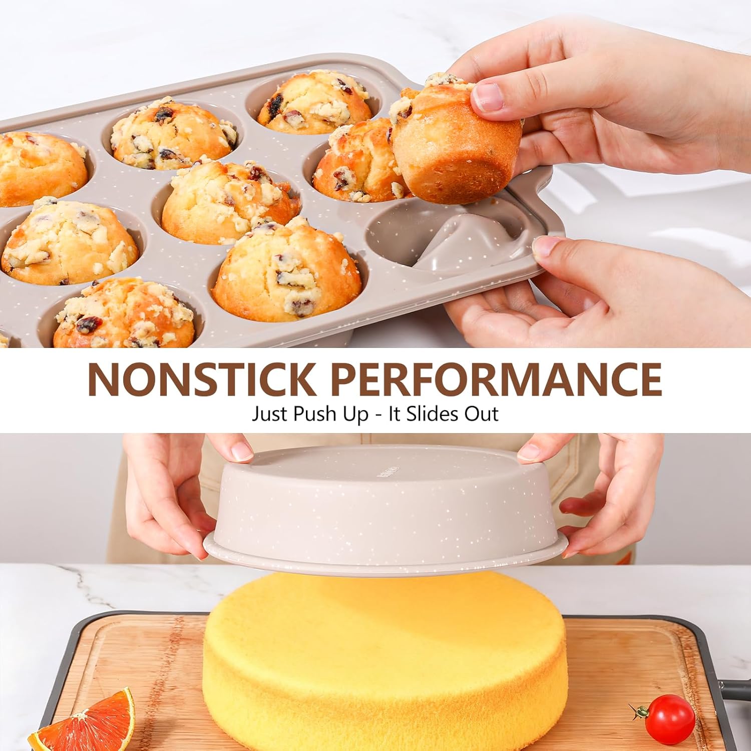 Vinino Nonstick 6-Piece Baking Pans Set - Silicone Muffin, Loaf & Cake Pans with Metal Reinforcement | Carbon Steel Roasting Pan & Cookie Sheet