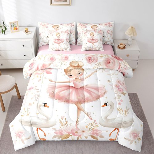 7 Pieces Ballerina Girl Comforter Set Queen Size, White Swan Bedding Set for Kids Girl Princess Room Decor, Pink Flower Print Bed in a Bag with Comforter, Fitted Sheet, Flat Sheet and Pillowcases