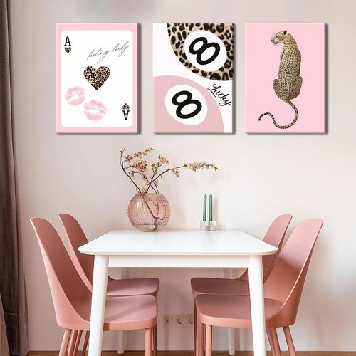Funky Lucky You | Trendy Leopard Canvas Wall Art Set of 3 - Pink Cheetah Prints for Girls' Bedroom | 12x16 Inch Framed Decor