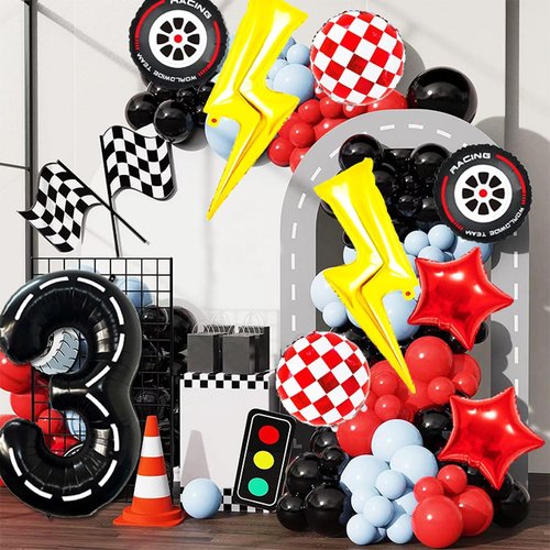 Cartoon Race Car Birthday Party Decorations Large Lightning Bolt Foil Balloons Race Car Balloons 40 Inch Racetrack Number 3 Balloon for Boys 3rd Cars Themed Birthday Party Decor Supplies