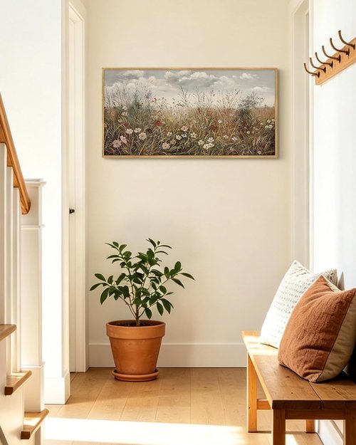 KUVIOKE Vintage Landscape Wall Art - Large 20x40in Meadow Wildflower Print | Rustic Farmhouse Decor