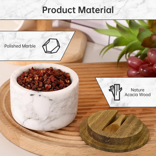 RAETTER.LY Salt and Pepper Bowl, Marble Salt Cellar and Spices Storage Container With Built-in Spoon and Acacia Wood Lid - 6.5oz Capacity (White)