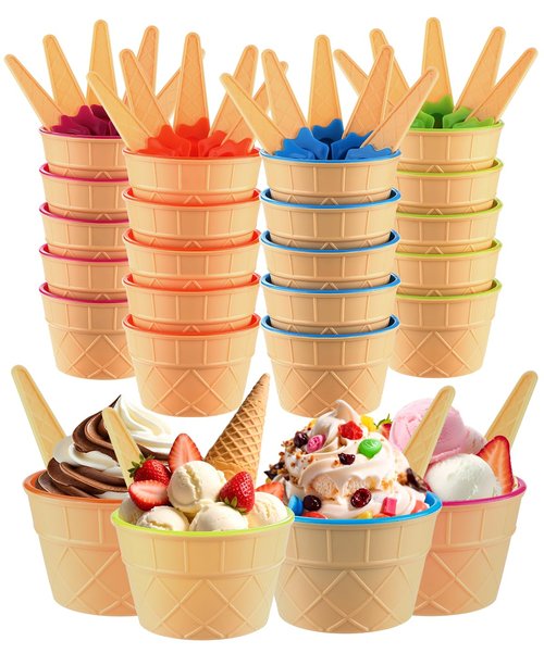 Tellshun 24 Pack Ice Cream Bowls and Spoons Set, Frozen Yogurt Cups with Spoons Durable Plastic Candy Color Cute Dessert Bowls DIY Ice Cream Tools For Festive Party Favor Gift (24)