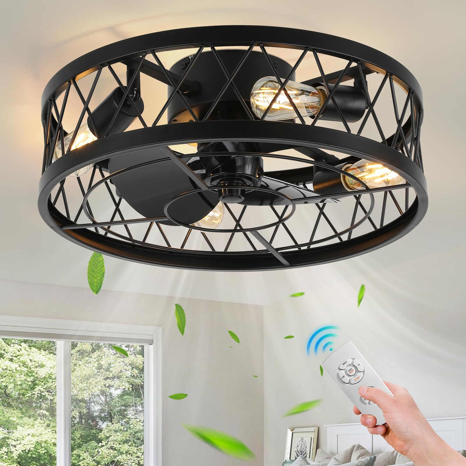 YYEHON 17.7" Caged Ceiling Fan with Light and Remote Control, Flush Mount Bladeless Chandelier Fan, Low Profile Fandelier for Bedroom, Dining Room, Living Room, Kitchen