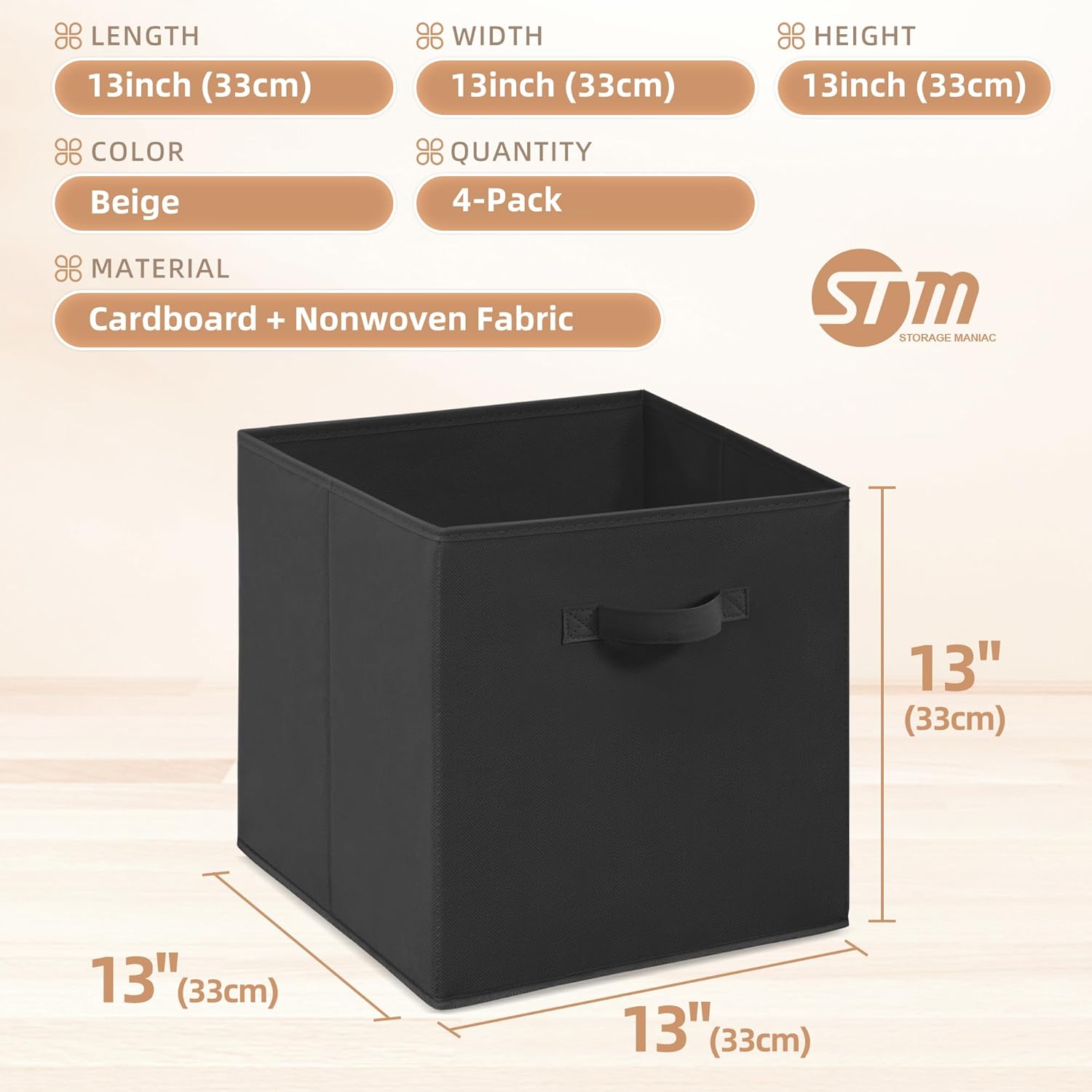 Storage Maniac Storage Cubes - 13 Inch Collapsible Bins with Handles | 4-Pack Durable Black Fabric Organizers