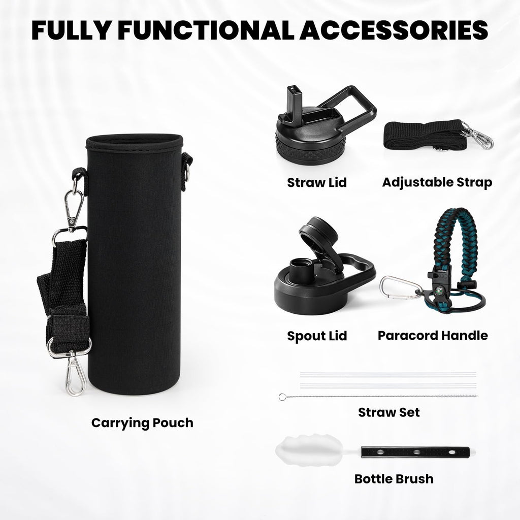 RAYMYLO Insulated Water Bottle 24oz, Triple Wall Vacuum Stainless Steel (Cold for 24Hrs, Hot for 12Hrs), Leak Proof & Non-BPA, 24oz Hydro Water Flask with Paracord Handle & Straw Spout Lids