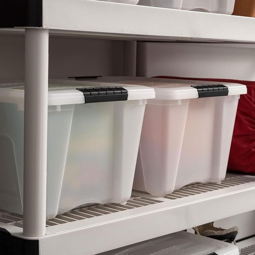 IRIS USA 32 Quart Stackable Storage Bins - 8 Pack Plastic Containers with Latching Lids | Pearl Color