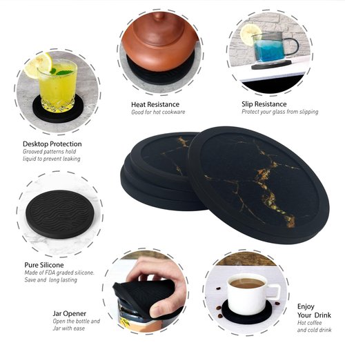 Set of 4 Non-Slip Silicone Coasters, Double-Sided Absorbent Cup Mats for Hot & Cold Drinks, Scratch & Water Ring Protection for Wood Tables, Home Office Bar Use (Black Gold Marble Pattern)