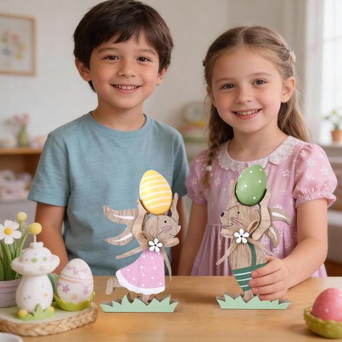 Easter Decorations for the Home Wooden Bunny Decor Sign Farmhouse Rabbit Tiered Tray Decor Easter Rabbit Table Decorations for Easter Party Desk Office Farmhouse Home