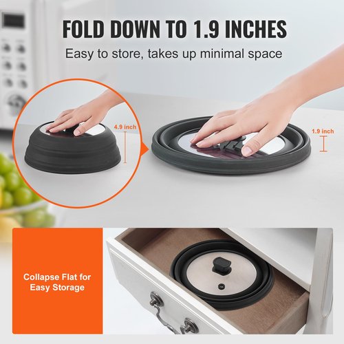 VEVOR Microwave Splatter Cover & Mat, 10.8" Collapsible Microwave Lid for Food, 500°F Heat-Resistant Silicone & Tempered Glass Splatter Guard for Plate Dish, Multi-Purpose Kitchen Gadget with Handle