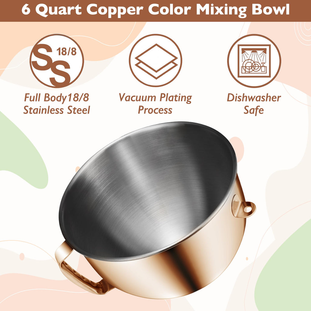 Wiselet Copper Color Stainless Steel 6 Quart Mixing Bowl for Kitchen Aid Professional Bowl Lift Stand Mixer, Heavy Duty Extra Mixer Bowl fits KP26, KB26, Dishwasher Safe, Ergonomic Handle