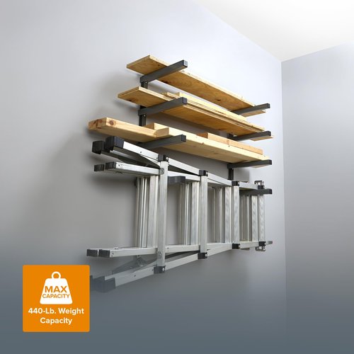 Bora 4-Level Lumber Storage Rack Wood and Garage Organization Space-Saving Metal Shelf for Pipes, Boards, Plywood, and Building Materials - PBR-004B Black Gray