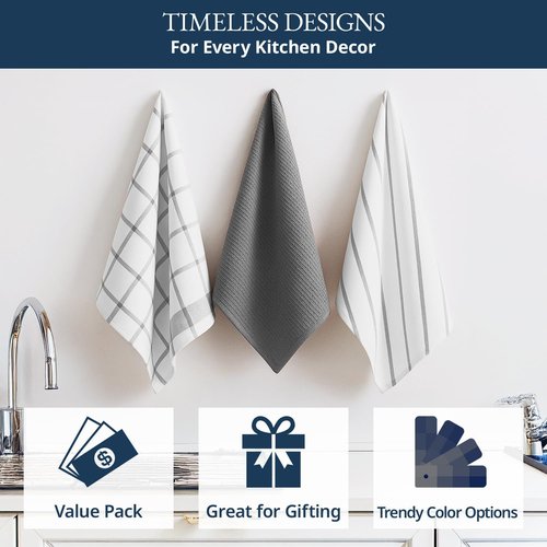 LANE LINEN Cotton Kitchen Towels Set - Absorbent & Quick-Drying Dish Cloths, 6-Pack, 18" x 28", Soft Grey