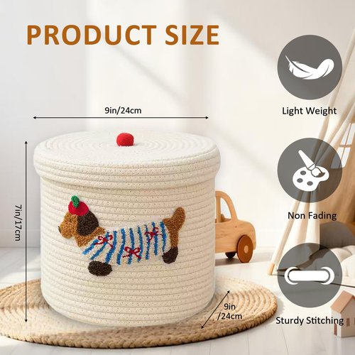 Cute Dog Cotton Rope Storage Basket with Lid, 10"×10"×9" Woven Storage Bin, Large Capacity Dustproof Toy Organizer, Decorative Laundry Hamper for Living Room, Nursery, Kids Room (Small)