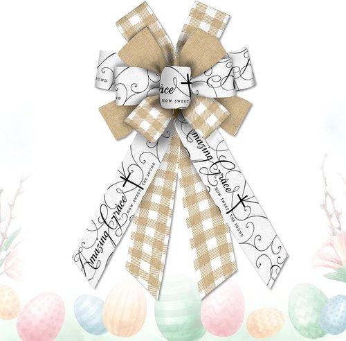 Large Easter Bows by [Brand Name] - Natural White Buffalo Plaid Ribbon for Wreaths & Church Decor