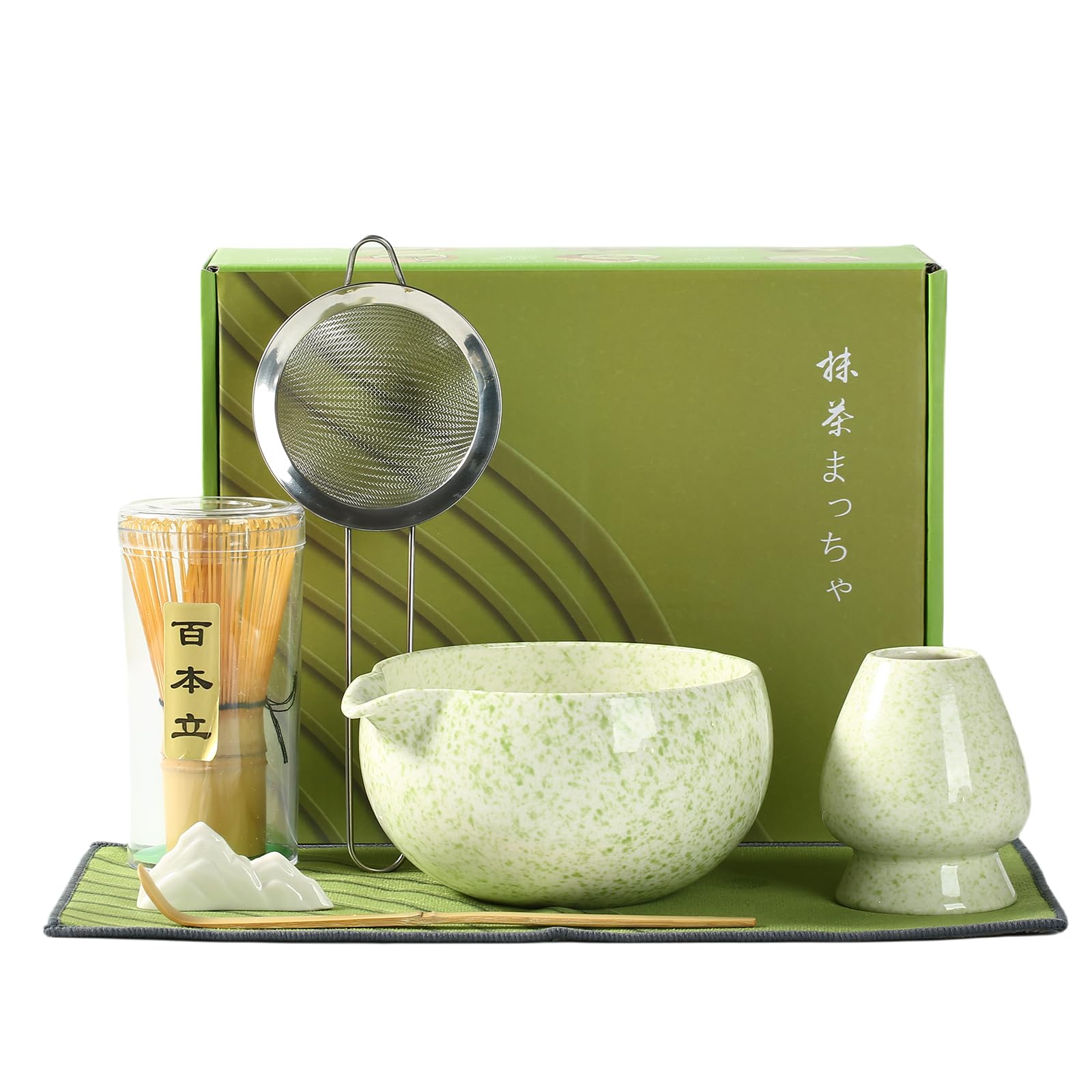 Coolpei Matcha Whisk Set, Ceramic Matcha Bowl with Spout, Bamboo Whisk, Scoop, Holder, Sifter, Tea Towel, 7-Piece Artisan Wave Matcha Kit Set for Making Breakfast/Latte, Round Green, Large