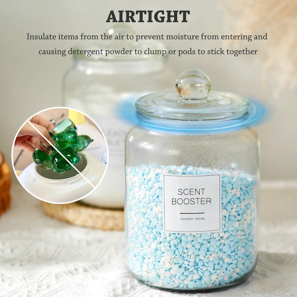 FyndraX Laundry Glass Jars with Dryer Sheets Holder, Containers with Scoop and Labels for Laundry Room Organization and Storage Detergents Pods or Powder, Scent Booster Beads, Set of 3