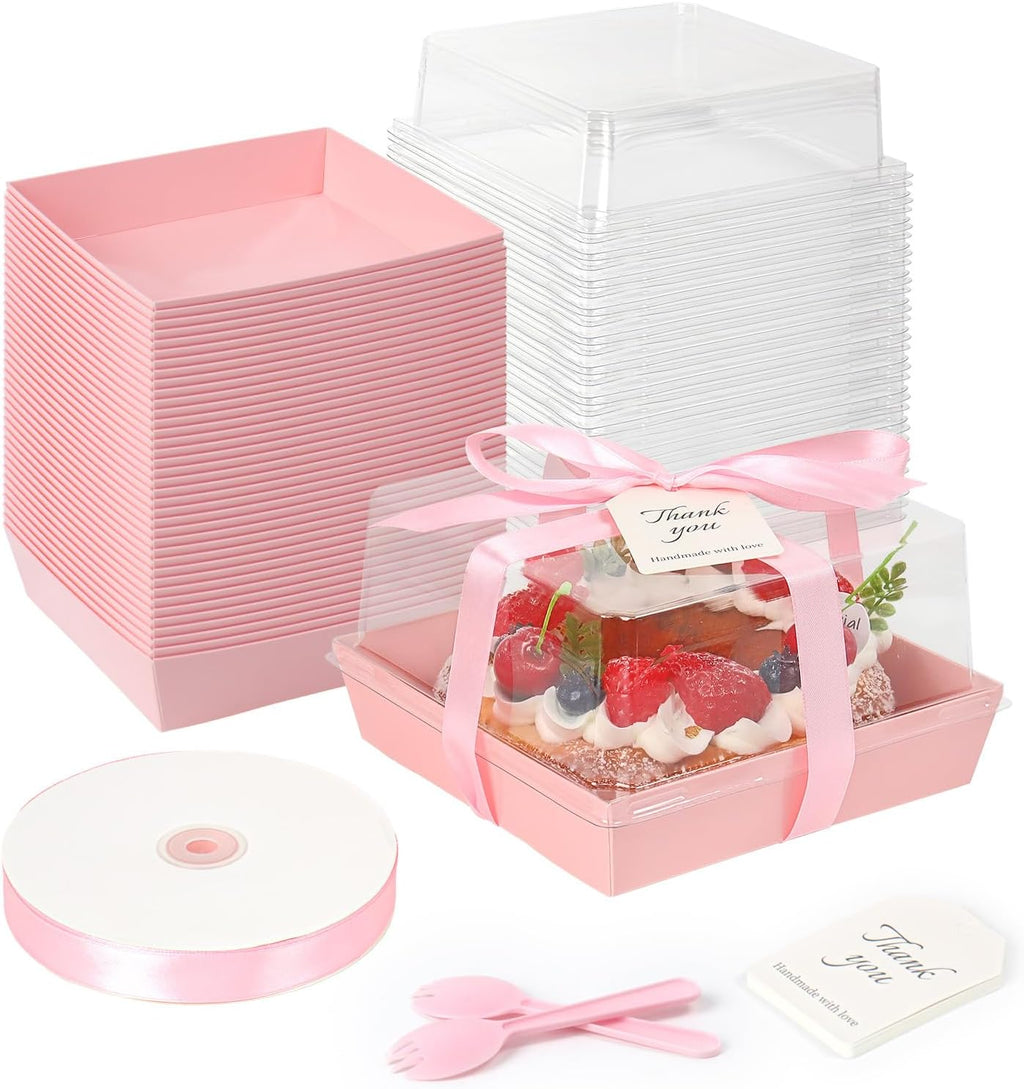 Regine Switzerland Paper Cake Boxes - 50 Pack Pink Large Charcuterie Containers | Clear Lids, 7x7x4 Inches for Desserts