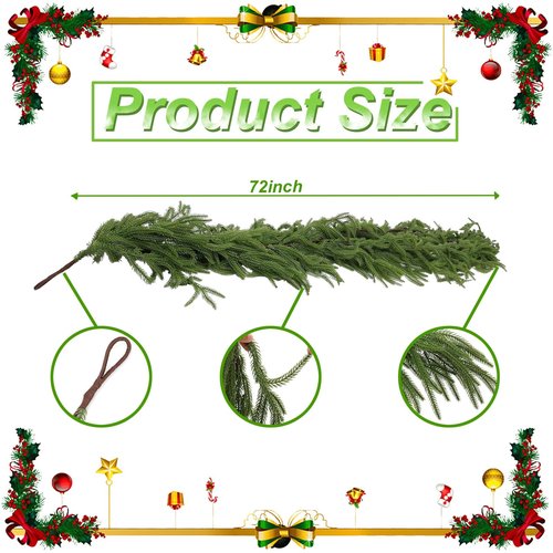 Christmas Norfolk Pine Garland, Christmas Garland Decorations, Real Touch Green Pine Garland Artificial Pines Greenery Garlands for Indoor, Outdoor, Mantle, Wall, Table Decor (6 FT)