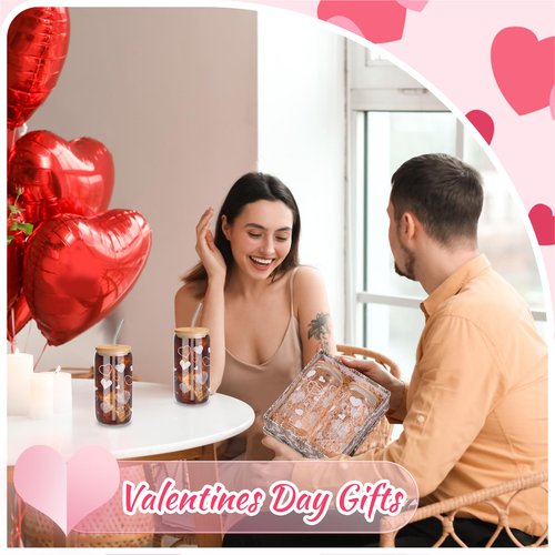 Yetene 2 Sets White Hearts Glass Cups, 16 oz Valentine's Day Tumbler Glasses with Bamboo Lids and Straws Iced Coffee Clear Glass Drinking Cups for Galentines Party Couple Lover Birthday Gifts