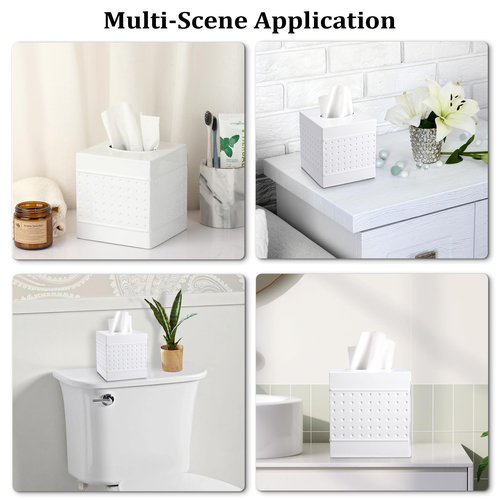 Metal Tissue Box Cover Square, Hand Hammered Tissue Box Holder, Classic White Tissue Box Cover Napkin Dispenser Accessories for Bathroom, Countertops, Dressers, Night Stand, Parlors and Office
