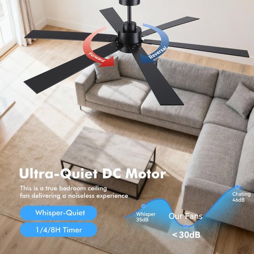 66 Inch Smart Ceiling Fan with Light, Modern Black Industrial Home Lighting & Ceiling fans with App/Voice/Remote Control, Damp-rated Large Airflow DC Outdoor Ceiling Fans for Patios Porch Outside