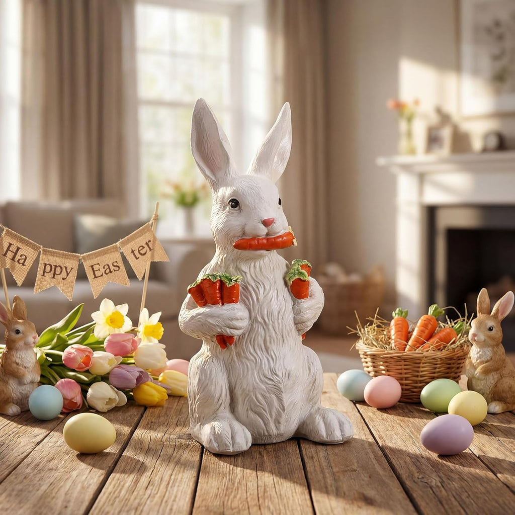 Yookeer Bunny Sculpture - 13 Inch Spring Resin Rabbit Figurine with Carrot | Easter Home Decor
