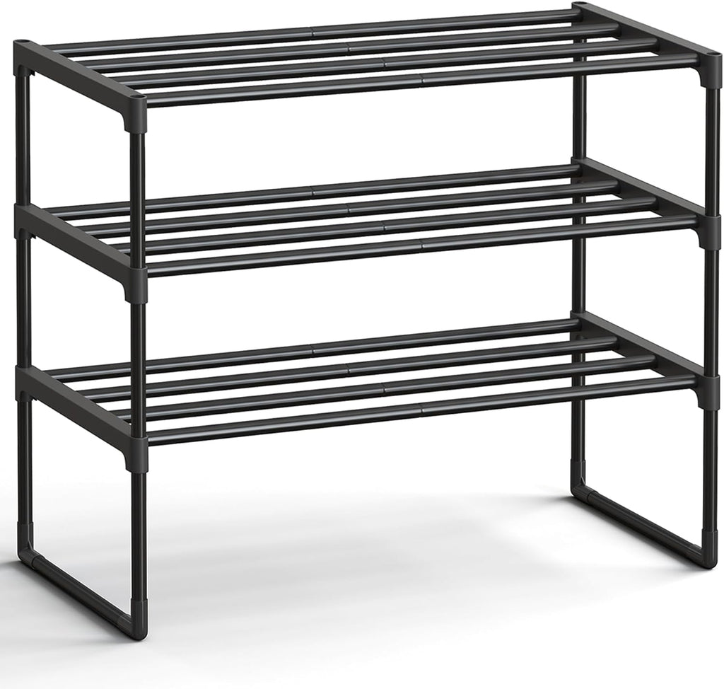 SONGMICS 3-Tier Shoe Rack - Stackable Metal Organizer for 8-12 Pairs | Black, 11.8 x 26.8 x 21.7 Inches